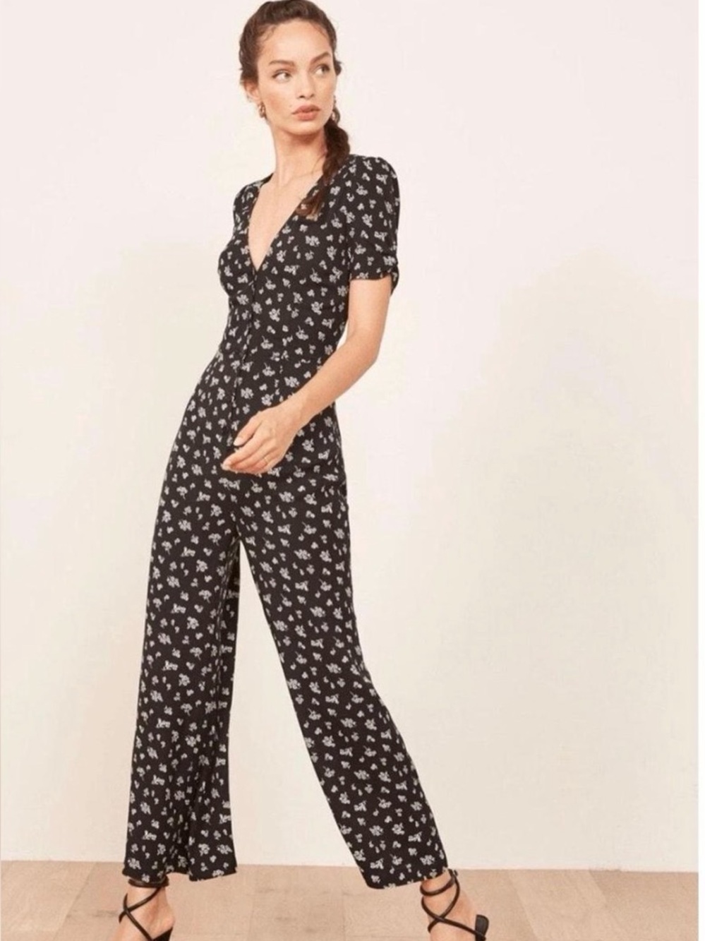 Reformation Black Midi Jumpsuit with Gold Floral Print